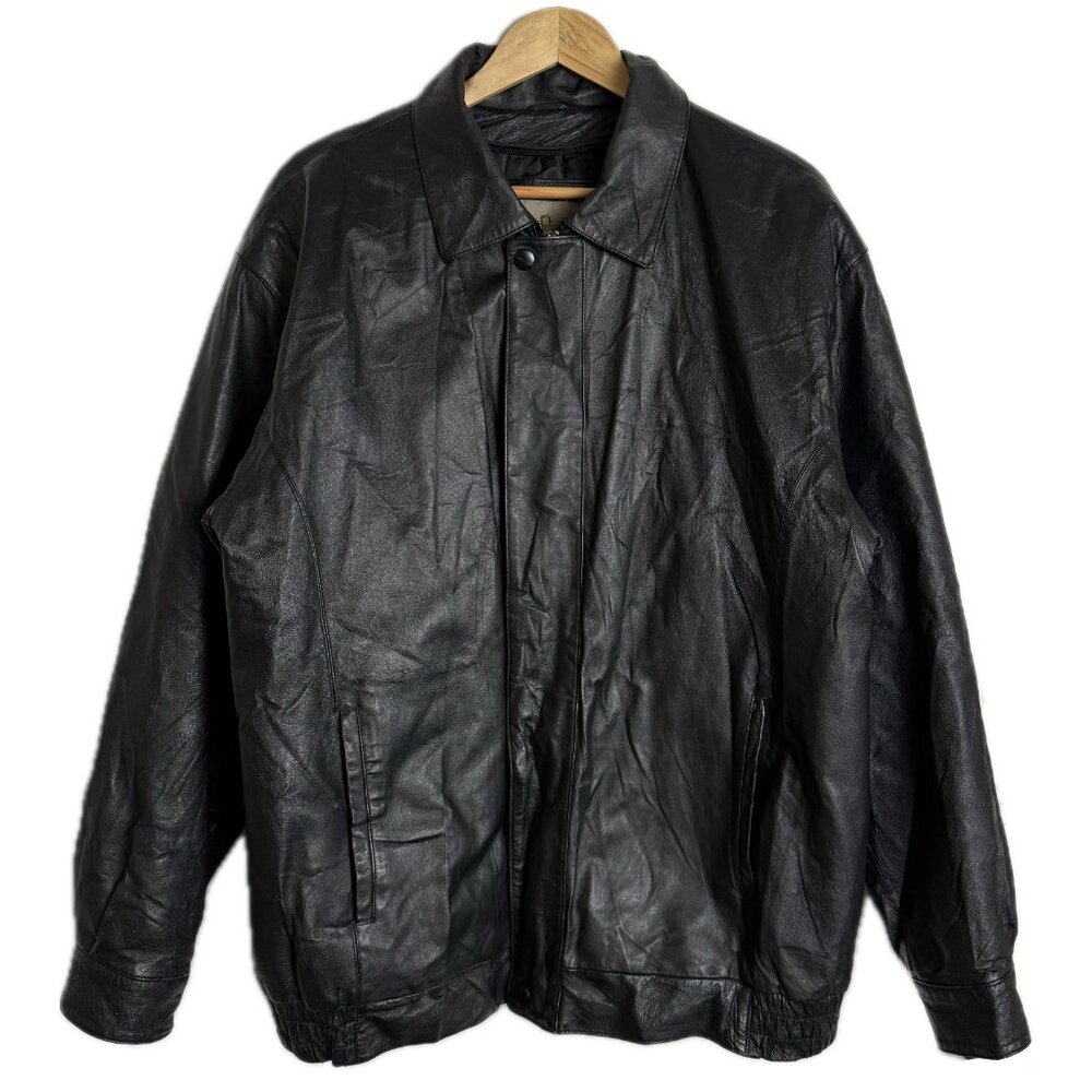Vintage Leather Jacket Men Large Black Bomber Flight Collared Y2K Quilt Lining